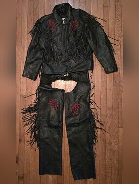 Vintage Womens Leather Biker Jacket and Chaps Set with Red Roses - M / XXXL